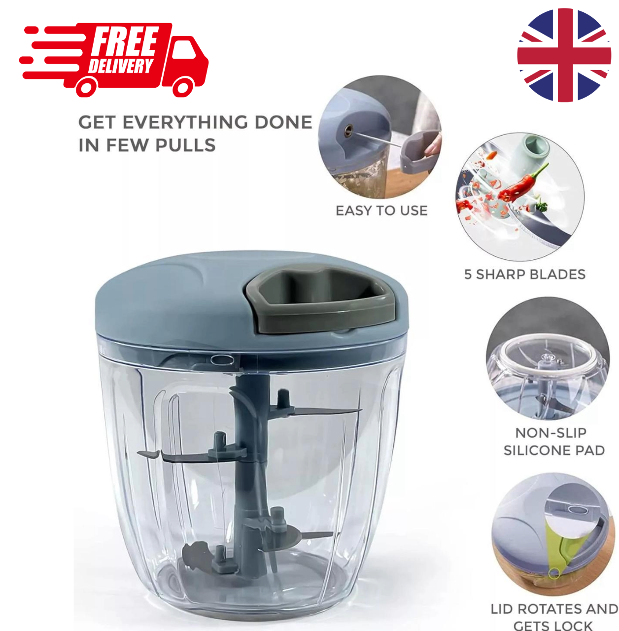 Pull Cord Pulling Food Chopper Manual Vegetable Slicer Hand Blender UK 900mL