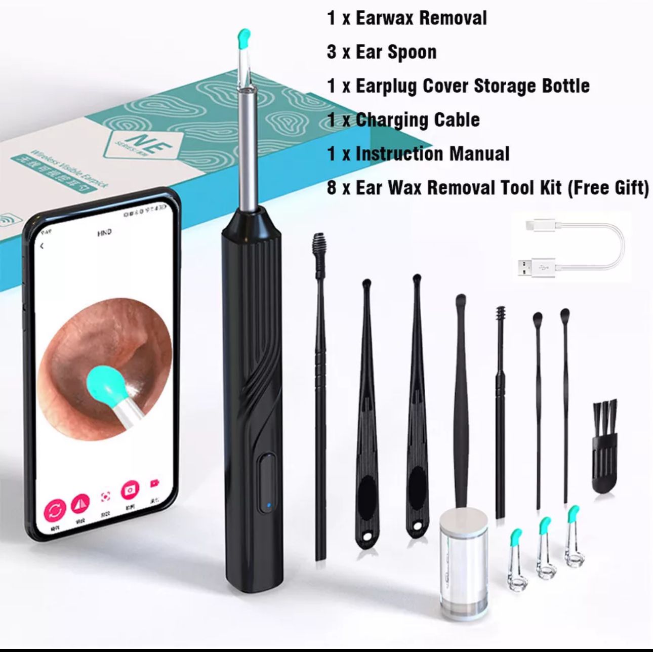 Ear Wax Remover Camera Wireless HD Ear Endoscope Spoon Pick Cleaning Tool Kit